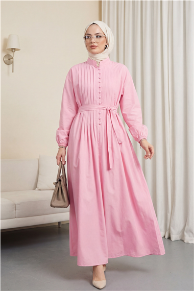 Önü Nervürlü Yarım Düğmeli Poplin Elbise -Pembe