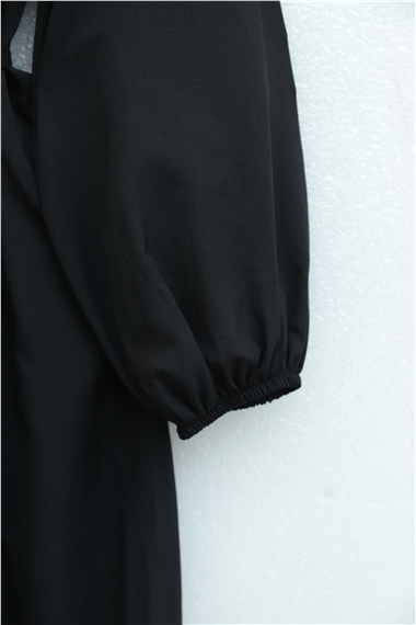 Önü Nervürlü Yarım Düğmeli Poplin Elbise -Siyah