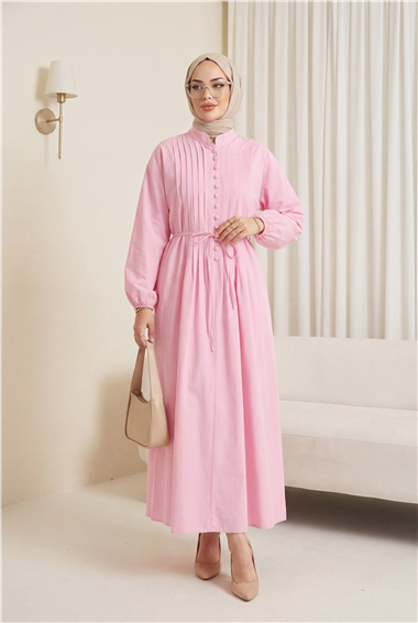 Önü Nervürlü Yarım Düğmeli Poplin Elbise -Pembe