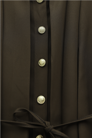 Önü Pileli Ve Düğmeli Beli Bağlamalı Etekli Krep Takım  -Kahve