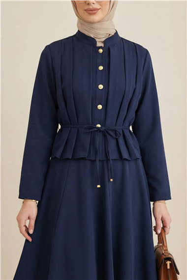 Önü Pileli Ve Düğmeli Beli Bağlamalı Etekli Krep Takım  -Laci