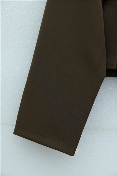 Önü Pileli Ve Düğmeli Beli Bağlamalı Etekli Krep Takım  -Kahve