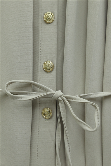 Önü Pileli Ve Düğmeli Beli Bağlamalı Etekli Krep Takım  -Bej