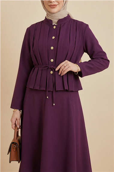 Önü Pileli Ve Düğmeli Beli Bağlamalı Etekli Krep Takım  -Mürdüm