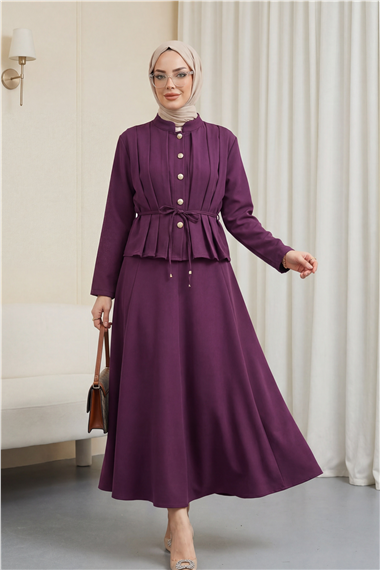 Önü Pileli Ve Düğmeli Beli Bağlamalı Etekli Krep Takım  -Mürdüm