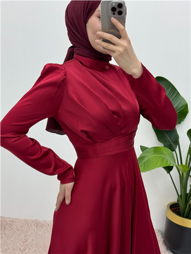 Önü Pliseli Saten Abiye  -Bordo