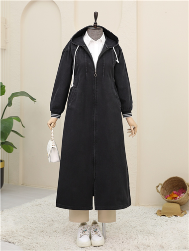 Önü Pliseli Yanı Lastikli Kapşonlu Kot Kap -Siyah