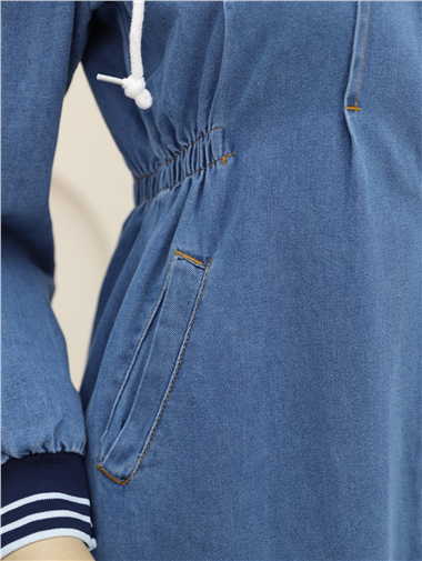 Önü Pliseli Yanı Lastikli Kapşonlu Kot Kap -Koyu Mavi