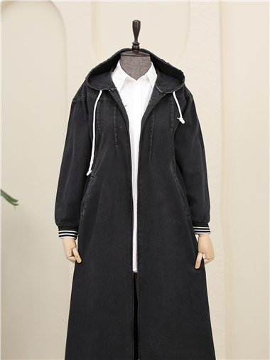 Önü Pliseli Yanı Lastikli Kapşonlu Kot Kap -Siyah