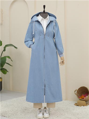 Önü Pliseli Yanı Lastikli Kapşonlu Kot Kap -Açık Mavi