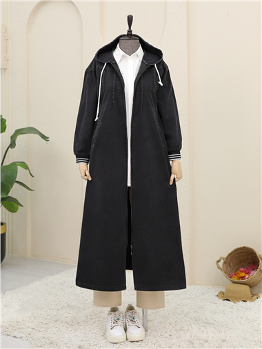 Önü Pliseli Yanı Lastikli Kapşonlu Kot Kap -Siyah