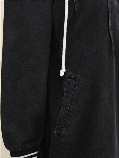 Önü Pliseli Yanı Lastikli Kapşonlu Kot Kap -Siyah