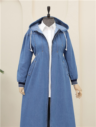 Önü Pliseli Yanı Lastikli Kapşonlu Kot Kap -Koyu Mavi