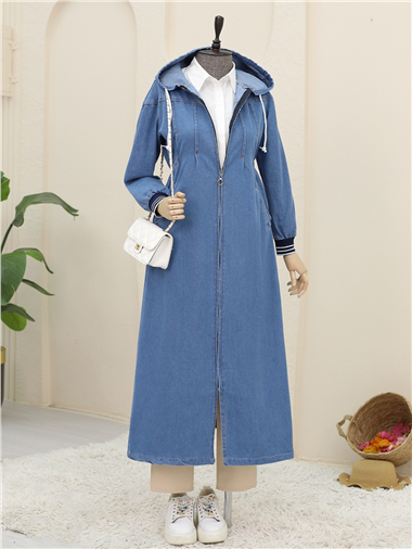 Önü Pliseli Yanı Lastikli Kapşonlu Kot Kap -Koyu Mavi