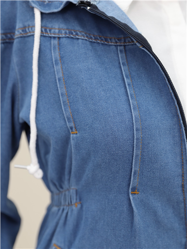 Önü Pliseli Yanı Lastikli Kapşonlu Kot Kap -Koyu Mavi