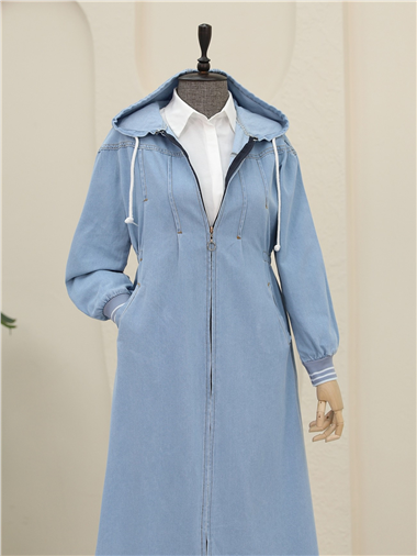 Önü Pliseli Yanı Lastikli Kapşonlu Kot Kap -Açık Mavi