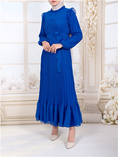 Önü Robalı Kolları ve Bedeni Piliseli Elbise      -Mavi