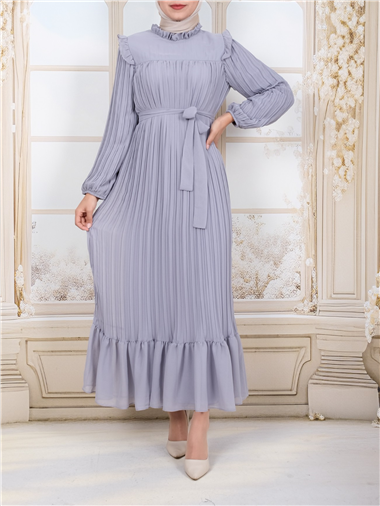 Önü Robalı Kolları ve Bedeni Piliseli Elbise      -Gri