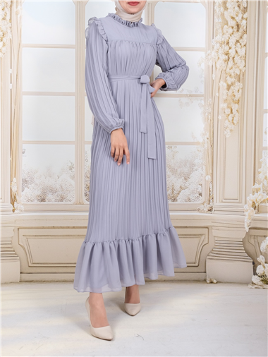 Önü Robalı Kolları ve Bedeni Piliseli Elbise      -Gri