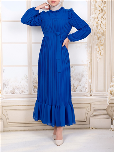 Önü Robalı Kolları ve Bedeni Piliseli Elbise      -Mavi