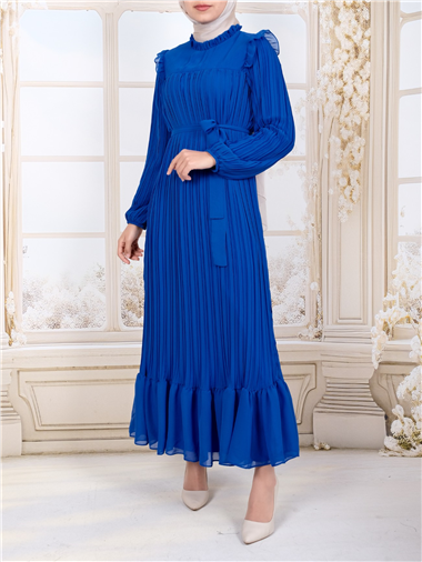 Önü Robalı Kolları ve Bedeni Piliseli Elbise      -Mavi