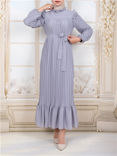 Önü Robalı Kolları ve Bedeni Piliseli Elbise      -Gri