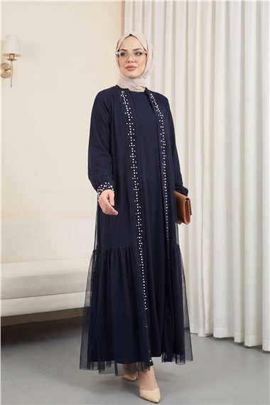 Önü Taş Ve İnci Detaylı Beli Bağcıklı İkili Abaya -Laci