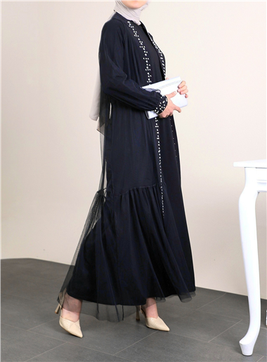 Önü Taş Ve İnci Detaylı Beli Bağcıklı İkili Abaya -Laci