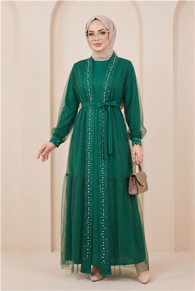 Önü Taş Ve İnci Detaylı Beli Bağcıklı İkili Abaya -Yeşil