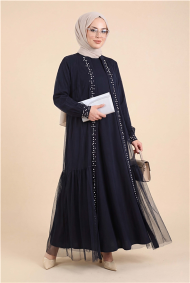 Önü Taş Ve İnci Detaylı Beli Bağcıklı İkili Abaya -Laci