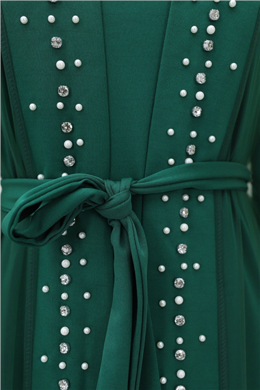 Önü Taş Ve İnci Detaylı Beli Bağcıklı İkili Abaya -Yeşil