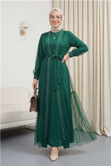 Önü Taş Ve İnci Detaylı Beli Bağcıklı İkili Abaya -Yeşil