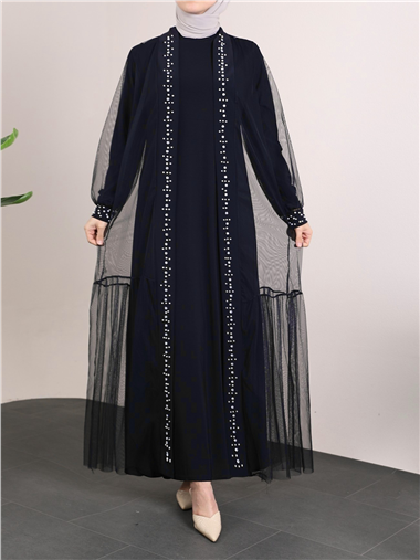 Önü Taş Ve İnci Detaylı Beli Bağcıklı İkili Abaya -Laci