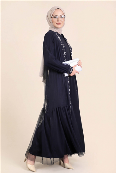 Önü Taş Ve İnci Detaylı Beli Bağcıklı İkili Abaya -Laci