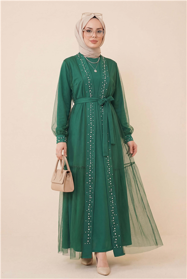 Önü Taş Ve İnci Detaylı Beli Bağcıklı İkili Abaya -Yeşil