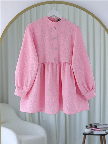 Önü Taşlı Düğme Detaylı Parçalı Arkası Fermuarlı Tunik -Pembe