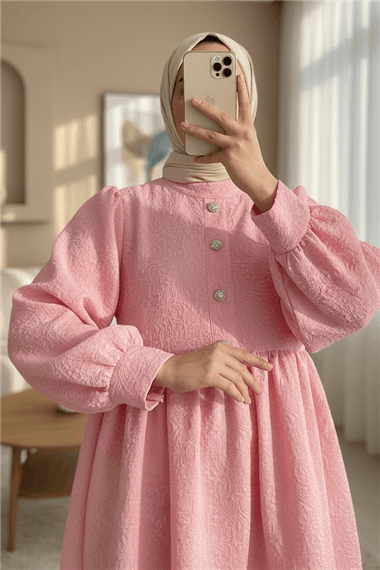 Önü Taşlı Düğme Detaylı Parçalı Arkası Fermuarlı Tunik -Pembe