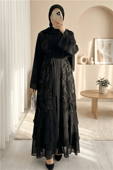 Önü Tül Detaylı Kemerli Eteği Katlı İkili Abaya Takım -Siyah