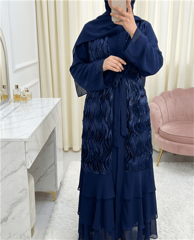 Önü Tül Detaylı Kemerli Eteği Katlı İkili Abaya Takım -Laci