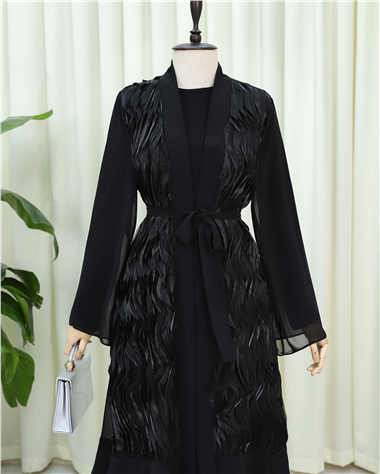 Önü Tül Detaylı Kemerli Eteği Katlı İkili Abaya Takım -Siyah