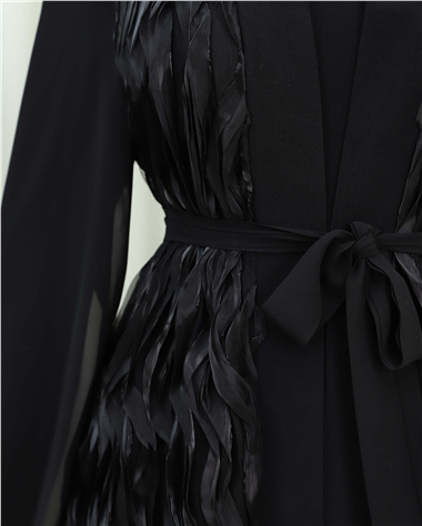 Önü Tül Detaylı Kemerli Eteği Katlı İkili Abaya Takım -Siyah