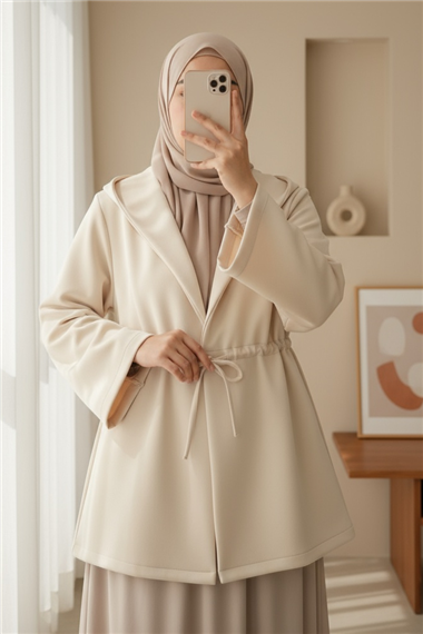 Önü Tünel Bağcıklı Scuba Kimono -Bej