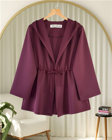 Önü Tünel Bağcıklı Scuba Kimono -Bordo