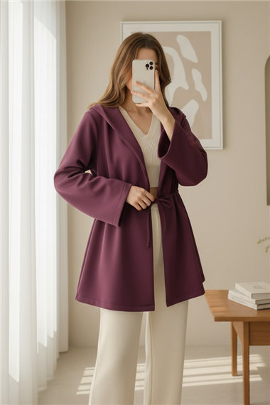 Önü Tünel Bağcıklı Scuba Kimono -Bordo