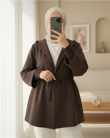 Önü Tünel Bağcıklı Scuba Kimono -K. Kahve