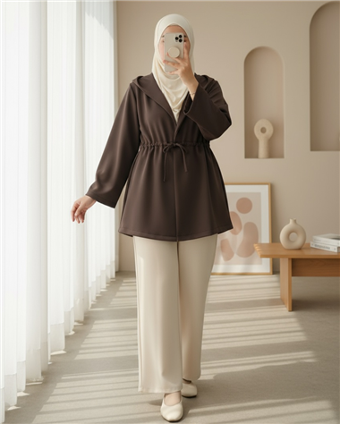 Önü Tünel Bağcıklı Scuba Kimono -K. Kahve