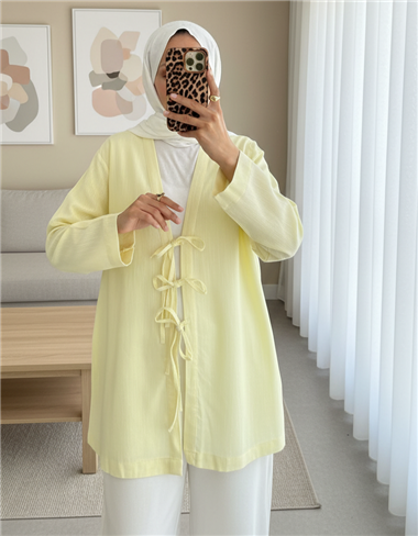 Önü Üç Bağcıklı Keten Kimono -Açık Sarı