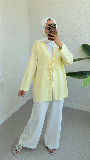 Önü Üç Bağcıklı Keten Kimono -Açık Sarı