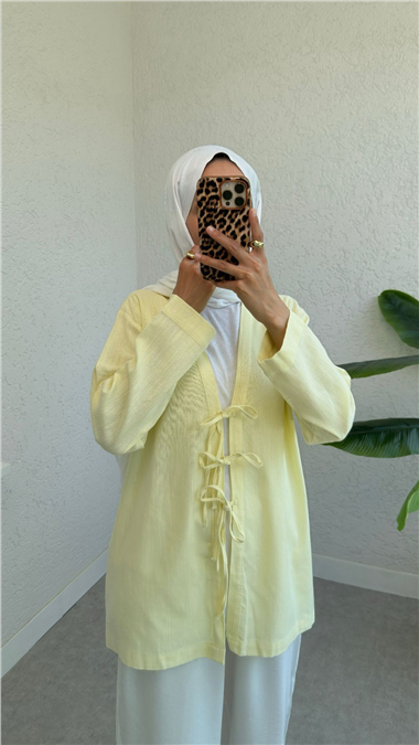 Önü Üç Bağcıklı Keten Kimono -Açık Sarı