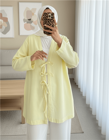 Önü Üç Bağcıklı Keten Kimono -Açık Sarı